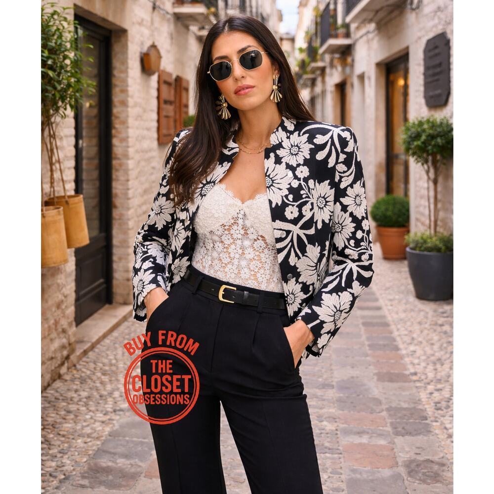 Zara NWT Black White Floral Jacquard Structured Blazer M - Picture 5 of 16